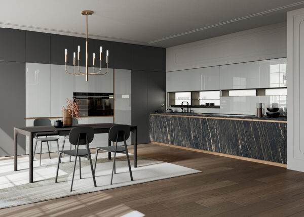 Glass 2.0 versione Fusion 02: cucina moderna con ante in vetro con finiture lusso. CasaStore è rivenditore autorizzato Arredo3 a Salerno