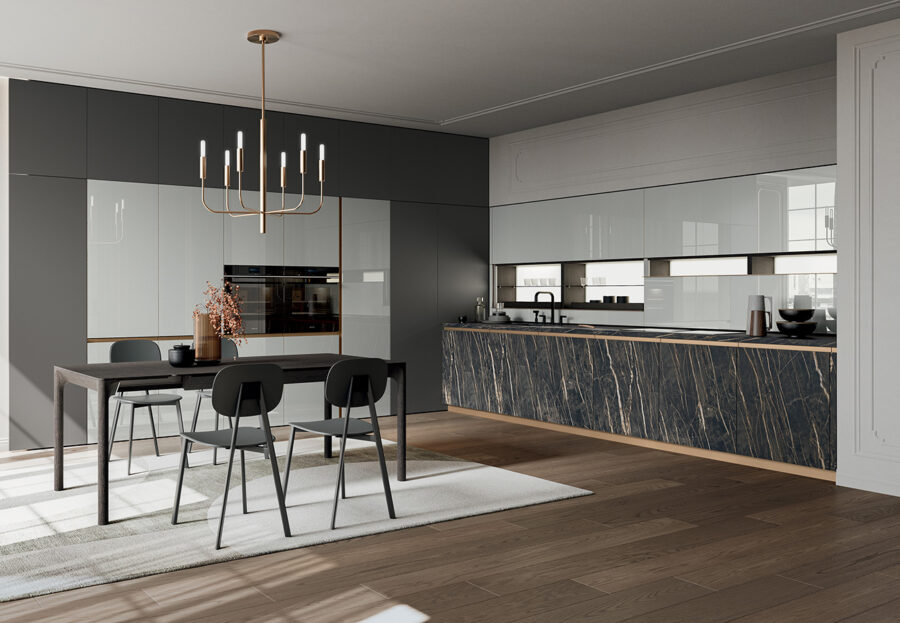 Glass 2.0 versione Fusion 02: cucina moderna con ante in vetro con finiture lusso. CasaStore è rivenditore autorizzato Arredo3 a Salerno